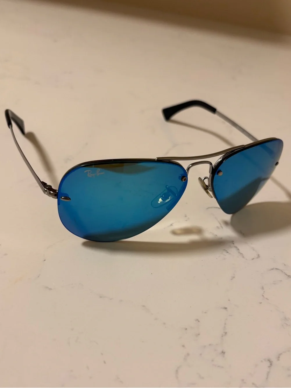 Ray-Ban Silver Frame Sunglasses with Blue Mirrored Lenses